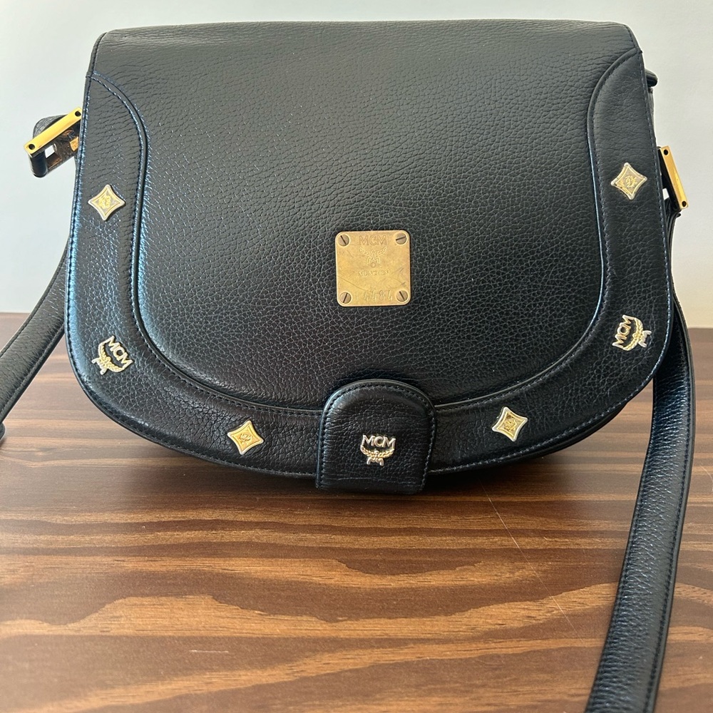 Authentic MCM Vintage Black Leather Crossbody Bag with Gold Hardware L4484